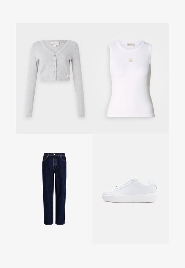 Cárdigan gris recortado hecho de una tela suave, con cuello en V, mangas largas, cierre de seis botones y una pequeña etiqueta con el logo en la parte delantera.; Camiseta sin mangas blanca con canalé y etiqueta de Calvin Klein Jeans en el pecho y etiqueta interior en el cuello.; Jeans de mezclilla azul oscuro con un diseño de pierna recta, que presentan una cintura alta, estilo de cinco bolsillos y costuras en contraste. Sin adornos.; Zapatilla blanca de corte bajo con cierre de cordones, suela gruesa y parte superior lisa, mostrada desde el lado exterior sobre un fondo claro y sencillo.