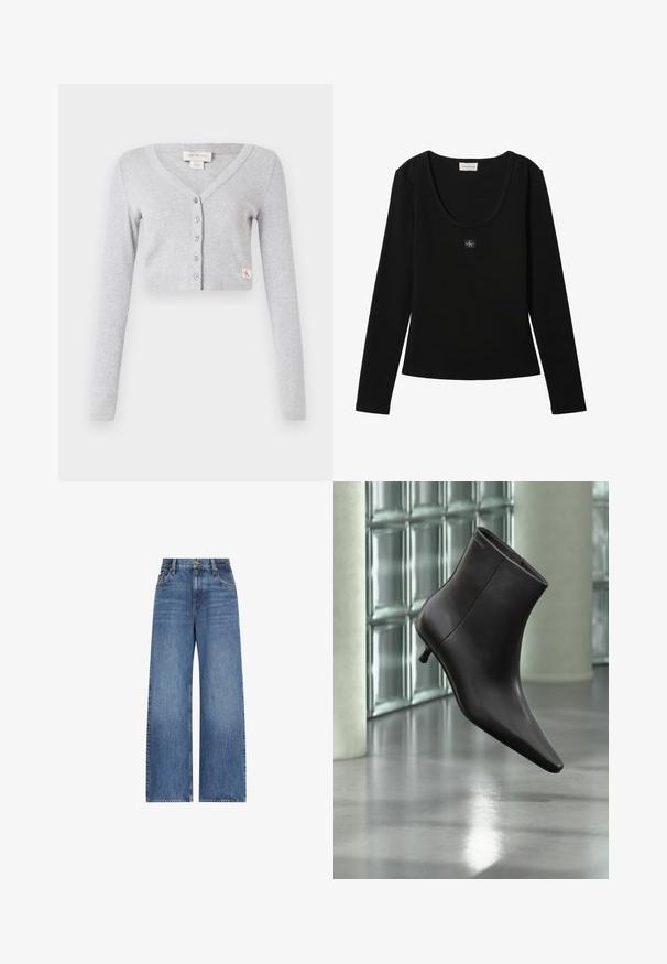 Cardigan gris court en tissu doux, avec un col en V, des manches longues, une fermeture à six boutons et une petite étiquette de logo à l'avant.; Haut noir à manches longues côtelé avec encolure dégagée et petit patch logo Calvin Klein centré sur la poitrine.; Jean denim bleu taille haute à jambes larges avec bouton et fermeture éclair à l'avant, passants de ceinture et design classique cinq poches.; Bottine en cuir noir avec bout pointu et petit talon, présentée devant un mur en blocs de verre et un sol poli.