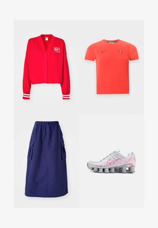 Rode katoenen cardigan met een V-halsontwerp, met een geborduurd wit Nike-logo en gestreepte witte accenten op de mouwen.; Rood katoenen T-shirt met korte mouwen, met een zwart Nike-logo en een klein merklabel op de borst. Eenvoudige ronde halslijn.; Marineblauwe, middellange rok met een elastische tailleband, voorzien van twee zijcargo pockets en een minimale logo-opdruk. Gladde stoftextuur.; Nike hardloopschoen in wit en lichtroze. Bevat een bovenwerk van mesh en een kenmerkende gebogen zool met zichtbare luchtvering.