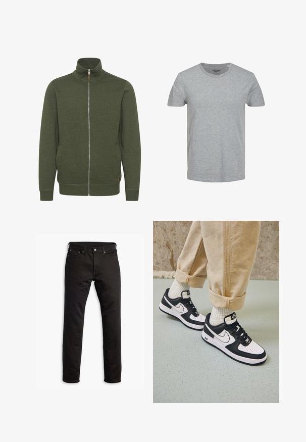 Veste zippée vert olive avec un col haut, fabriquée en tissu doux, dotée de poches latérales et de poignets et d'un ourlet côtelés.; T-shirt gris à manches courtes en coton doux. Doté d'un col ras du cou classique et d'une coupe régulière. Design simple sans motifs ni accents.; Jeans en denim noir avec une coupe droite, des poches avant et une fermeture à bouton. Le tissu a une texture lisse et un minimum de détails.; Baskets Nike Air Force 1 en noir et blanc avec un dessus en cuir, orteil perforé et détail de semelle texturée, portées avec un pantalon beige retroussé et des chaussettes blanches.