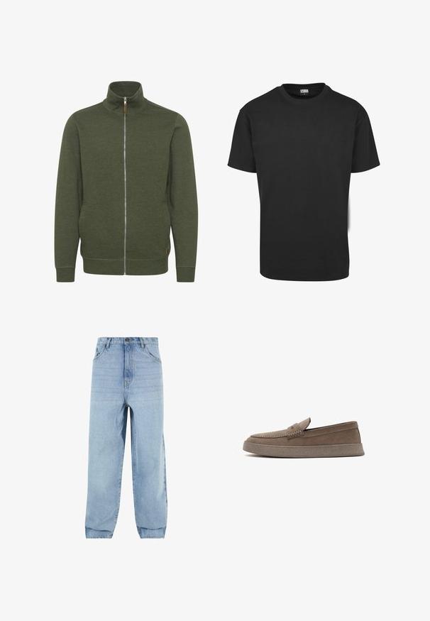 Olivengrøn zip-up jakke med høj krave, lavet af blødt stof, med sidelommer og ribbede kanter og bund.; Sort bomuld t-shirt med korte ærmer, rund halsudskæring og almindelig pasform. Stoffet fremstår glat og uden pynt.; Lyseblå denimjeans med løs pasform, høj talje og fem lommer. Har bæltestropper og knaplukning. Blød tekstur.; Herre taupe ruskind slip-on loafer med syninger og tekstureret gummisål, vist i sideprofil på hvid baggrund.
