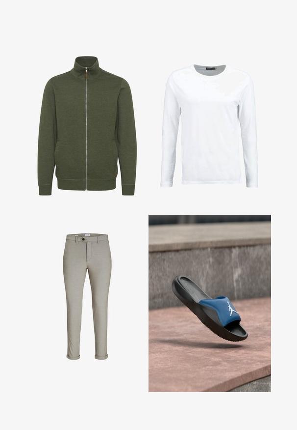 Olivengrøn zip-up jakke med høj krave, lavet af blødt stof, med sidelommer og ribbede kanter og bund.; Hvid langærmet t-shirt lavet af bomuld, med rund hals og en glat tekstur. Ingen mønstre eller detaljer. Enkel design.; Lys beige chinos lavet af tekstureret stof, med flad front, en knaplukning og opsmøg ved anklen.; Blå og sort sportssandal med hvid Jumpman-logo, svæver over en rødlig stenhoved.