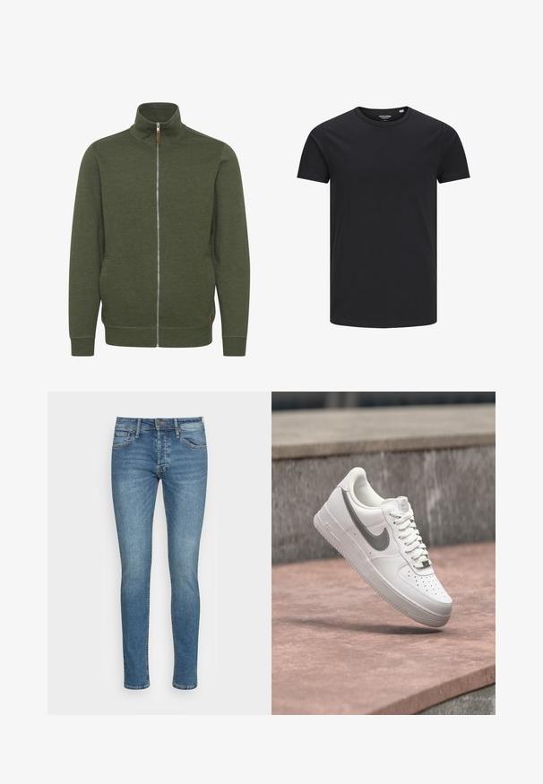 Olivengrøn zip-up jakke med høj krave, lavet af blødt stof, med sidelommer og ribbede kanter og bund.; Sort bomulds T-shirt med rund hals, korte ærmer og et enkelt design. Glat tekstur, ingen mønstre eller synligt tilbehør.; Slank fit blå denimjeans med fem lommer, knaplukning og bleget tekstur langs lårene og knæene.; Hvid Nike Air Force 1 sneaker med gråt swoosh-logo svævende over en stensurface og en grå stenvæg i baggrunden.