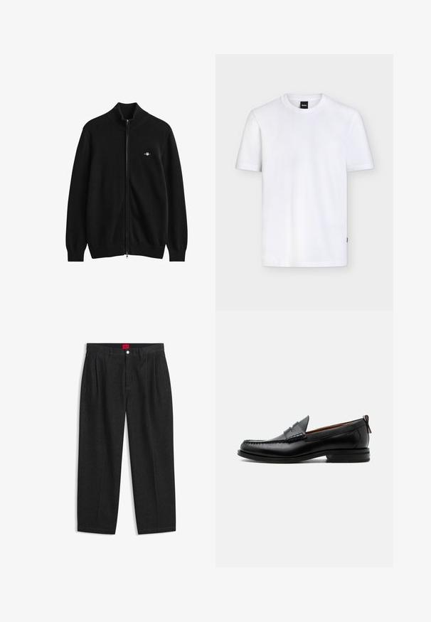 Sort cardigan med fuld lynlås, ribkant ved hals, ærmer og bund, med et lille broderet logo på venstre bryst.; Enkelt hvid T-shirt med korte ærmer og rund halsudskæring, med et lille sort mærke ved kraven og subtil tekstur i stoffet.; Sorte bukser med høj talje med forreste læg, bæltestropper, knap og lynlås lukning samt en rød label indeni linningen.; Sort læder herre loafer med moc-tå syning, penny strop, struktureret krave og lav stablet hæl på hvid baggrund.