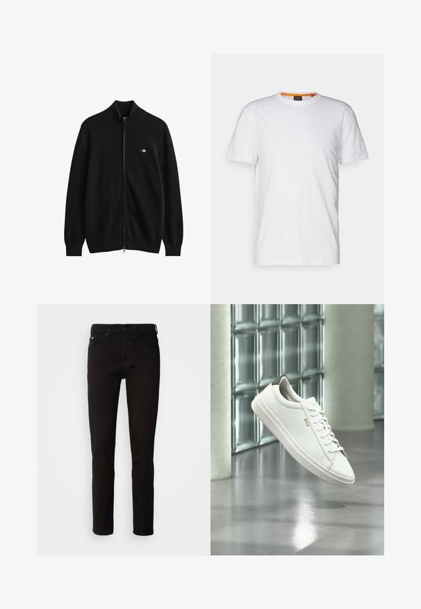 Zwarte vest met volledige ritssluiting, geribde kraag, manchetten en zoom, met een klein geborduurd logo op de linkerborst.; Witte katoenen T-shirt met ronde hals, korte mouwen en een subtiel reliëflogo op de borst. Het binnenlabel heeft een oranje accent.; Zwarte denim jeans met een rechte pijp, een ritssluiting en een vijf-pocket ontwerp. De stof heeft een gladde textuur zonder zichtbare patronen.; Witte leren lage sneaker met veters, zwarte hielstrook en "BOSS"-logo, zwevend binnenshuis bij een glazen stenen muur en gepolijste vloer.
