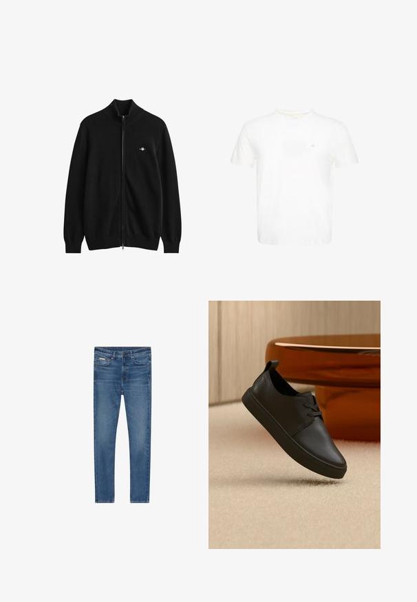 Sort cardigan med fuld lynlås, ribkant ved hals, ærmer og bund, med et lille broderet logo på venstre bryst.; Hvid T-shirt med korte ærmer og rund hals med lille broderet "ck" logo på venstre bryst.; Blå denim jeans med en tætsiddende pasform, fem lommer, knap lukning og subtil falmning på lårene og knæene.; Sort lædersneaker til hverdag med snørebånd, svævende over beige tæppe med et rundt bord af ravfarvet glas i baggrunden.