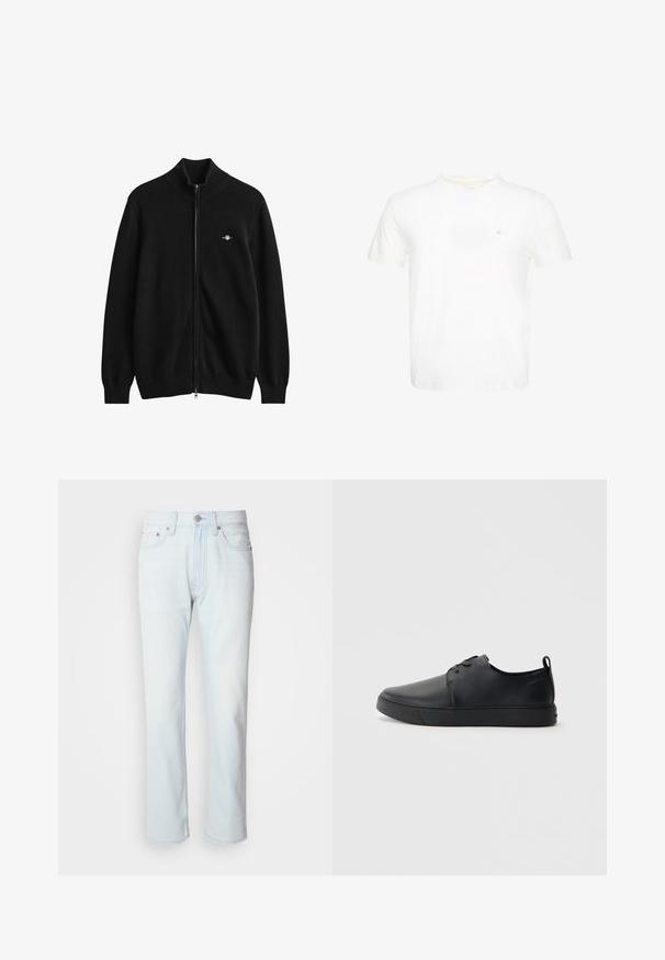 Sort cardigan med fuld lynlås, ribkant ved hals, ærmer og bund, med et lille broderet logo på venstre bryst.; Hvid T-shirt med korte ærmer og rund hals med lille broderet "ck" logo på venstre bryst.; Lyseblå denimjeans med lige ben. Har en knaplukning og bæltestropper, viser en falmet tekstur og minimal syning.; Sorte lædersneakers med en glat finish, rund tå, tonalt syning, snøring foran og en flad gummisål. Løkke ved hælen.