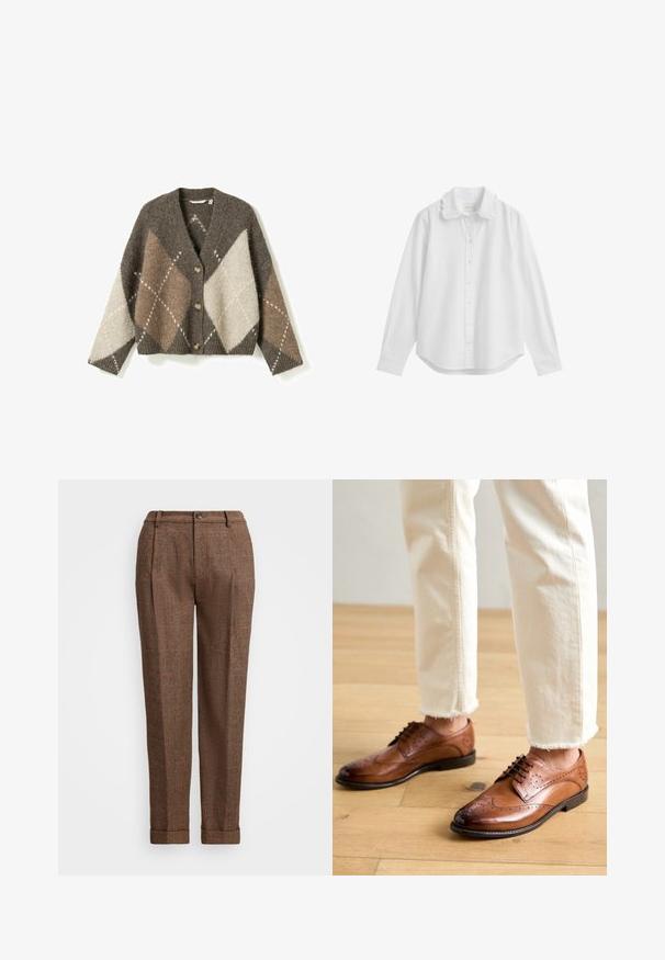 Cardigan boutonné à manches longues et col en V, à motif argyle marron, beige et crème.; Chemise blanche à manches longues avec col festonné et poignets boutonnés, présentée sur fond blanc.; Pantalons à carreaux marron avec une coupe ajustée, présentant des plis, une fermeture à bouton et des ourlets retroussés. Tissu texturé avec des accents orange.; Chaussures brogues en cuir marron avec des détails perforés, bout arrondi et finition lisse, associées à un pantalon crème à ourlet effiloché.