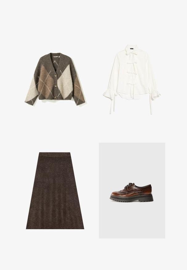 Cardigan boutonné à manches longues et col en V, à motif argyle marron, beige et crème.; Blouse blanche avec manches longues à volants et cinq nœuds noués sur le devant, avec un col classique et un ourlet légèrement asymétrique.; Jupe en tricot marron avec une conception évasée, une taille élastique et une texture subtile. Le tissu semble doux et chaud.; Chaussure en cuir marron à lacets avec des détails en brogue, semelle en caoutchouc et plateforme texturée noire contrastante. Fini lisse avec un design classique.