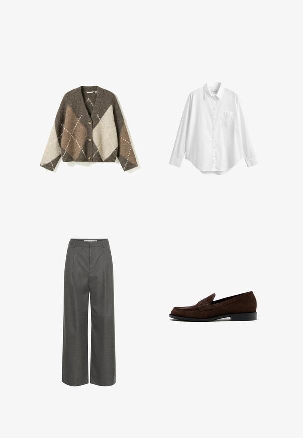 Cardigan boutonné à manches longues et col en V, à motif argyle marron, beige et crème.; Chemise blanche à manches longues boutonnée avec col et poche poitrine avant, présentée sur un fond blanc uni.; Pantalons gris à large jambe en tissu texturé, dotés d'une taille haute et de plis à l'avant, sans poches visibles ni détails en métal.; Mocassin pour homme en daim marron foncé avec un petit talon et une couture style mocassin, présenté de profil sur un fond blanc.