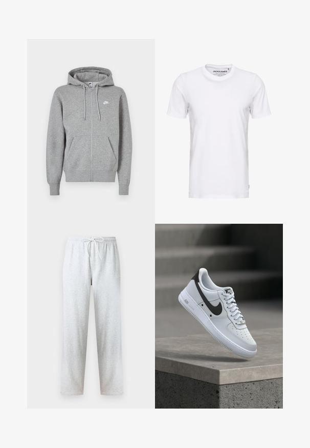 Grå hoodie med lynlås, lavet af blødt stof. Har snøre i hætten, to forlommer og en lille hvid logo på brystet.; Hvid t-shirt med korte ærmer lavet af bomuld, med en rund hals og et enkelt design. Brandtag synlig på halsområdet. Ingen mønstre eller accenter.; Grå joggingbukser lavet af blødt stof med elastisk talje og snøre samt lige ben. Ingen mønstre eller detaljer synlige.; Hvid Nike Air Force 1 sneaker med sort swoosh-logo, svævende over en betonforkant med slørede trapper i baggrunden.