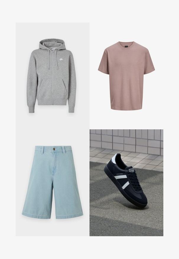 Grå hoodie med lynlås, lavet af blødt stof. Har snøre i hætten, to forlommer og en lille hvid logo på brystet.; Kortærmet, lys lavendelfarvet T-shirt med rund hals og et lille diskret logo på venstre bryst, vist på en ensfarvet hvid baggrund.; Lyseblå denim shorts til knæet med knap- og lynlås, bæltestropper og vide ben på en ensartet hvid baggrund.; Sort lædersneaker med hvide striber, tekstureret gummisål og snørrebånd foran. Har et brandet mærke på tungen.
