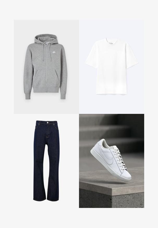 Sweat à capuche gris avec fermeture éclair, en tissu doux. Comprend une capuche avec cordon de serrage, deux poches avant et un petit logo blanc sur la poitrine.; T-shirt blanc uni à manches courtes et col rond avec une coupe décontractée, présenté sur un fond clair.; Jean denim bleu foncé à coupe droite avec bouton à l’avant, braguette zippée, passants pour ceinture et poches avant.; Baskets blanches en cuir avec lacets et logo Nike swoosh flottant au-dessus d'un rebord en béton dans un environnement extérieur.