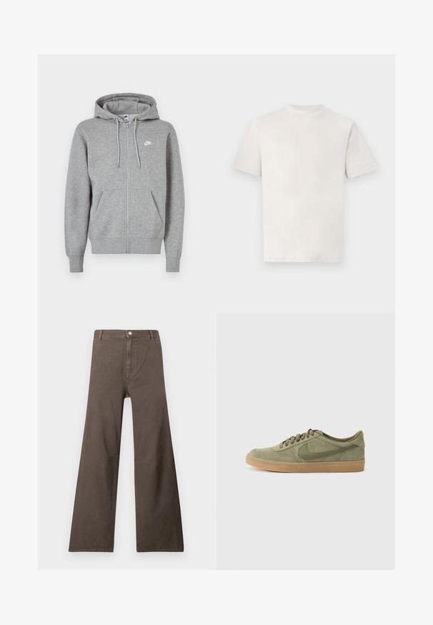 Grå hoodie med lynlås, lavet af blødt stof. Har snøre i hætten, to forlommer og en lille hvid logo på brystet.; Hvid kortærmet t-shirt med rund hals, vist fladt på en hvid baggrund.; Brune brede bukser med høj talje, knaplukning, bælteslyngninger og synlige sømdetaljer på benene.; Grønne nubuck sneakers med gummirubbersål, rund tå og snørebåndsdesign. Har Nikes signaturlogo i en mørkere grøn.