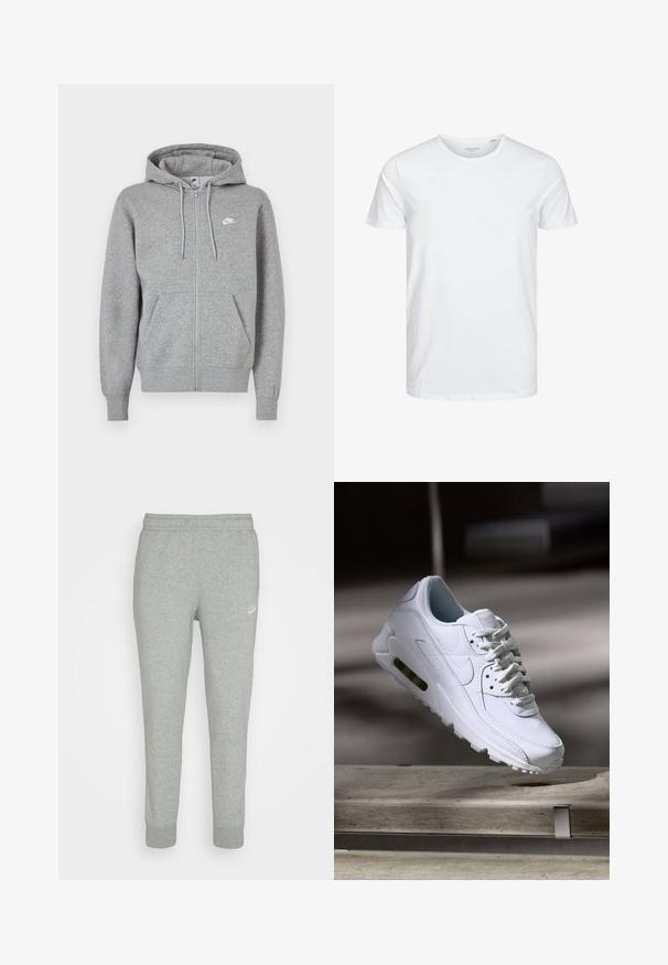 Grijze hoodie met ritssluiting, gemaakt van zachte stof. Voorzien van een capuchon met trekkoord, twee zakken aan de voorkant en een klein wit logo op de borst.; Ronde hals kortemouwen t-shirt in effen wit, gemaakt van zachte katoen, heeft een eenvoudig ontwerp zonder zichtbare patronen of accenten.; Grijze trainingsbroek van zacht materiaal, met een taps toelopend ontwerp, elastische tailleband en klein wit Nike-logo op de linker bovenbeen.; Witte leren sneaker met gestructureerde oppervlakken, gevoerde kraag en zichtbare luchtbescherming in de zool. Heeft veters en een minimalistisch ontwerp.