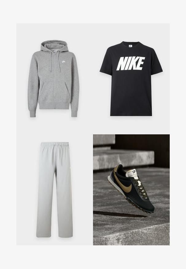 Sweat à capuche gris avec fermeture éclair, en tissu doux. Comprend une capuche avec cordon de serrage, deux poches avant et un petit logo blanc sur la poitrine.; T-shirt noir à manches courtes col rond avec grand logo blanc NIKE centré sur la poitrine sur un fond uni.; Pantalon décontracté gris clair avec taille élastique et cordon, jambe droite, adapté pour un usage quotidien.; Chaussure de course Nike noire et dorée avec une tige texturée et des lacets à motifs flottant au-dessus d'une surface en béton rugueuse et des marches.