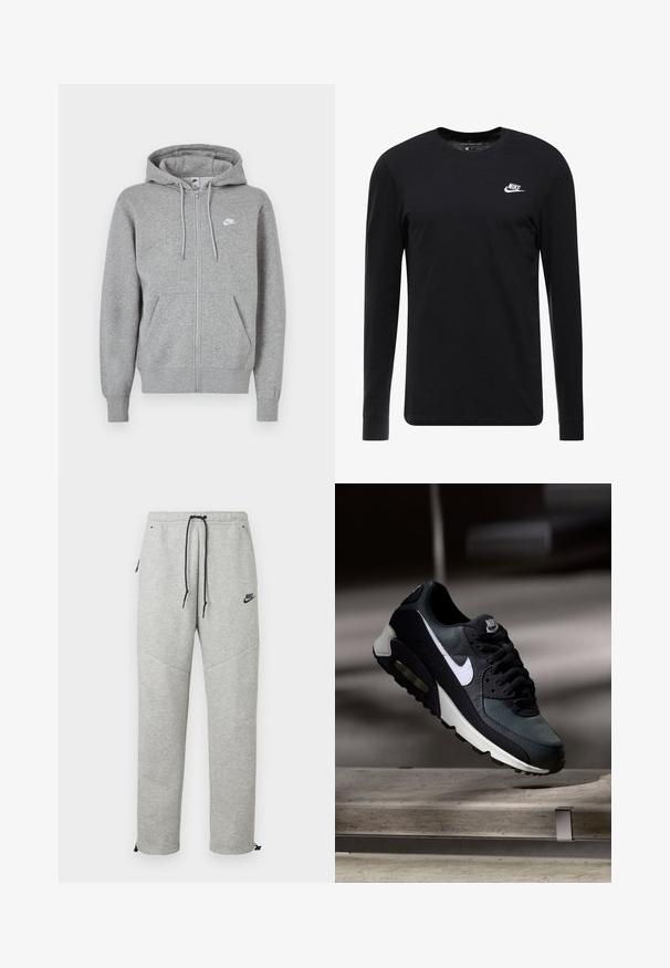 Šedá mikina na zips vyrobená z mäkkej látky. Má kapucňu so šnúrkou, dve predné vrecká a malú bielu logo na hrudi.; Čierne tričko s dlhým rukávom vyrobené z bavlny, s okrúhlym výstrihom, rebrovanými manžetami a malým bielym logom Nike na hrudi.; Šedé Nike tepláky so sťahovacím pásom, bočnými vreckami a elastickými manžetami. Majú hladkú textúru a kontrastný čierny logotyp.; Čierno-sivá teniska Nike Air Max s bielym logom, zavesená nad betónovým povrchom na rozmazanom tmavom pozadí.