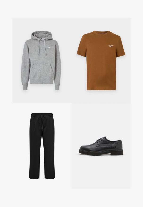 Grijze hoodie met ritssluiting, gemaakt van zachte stof. Voorzien van een capuchon met trekkoord, twee zakken aan de voorkant en een klein wit logo op de borst.; Bruine katoenen t-shirt met een ronde hals en korte mouwen. Bevat een klein wit "HILFIGER" logo en het jaar "1985" op de borst.; Zwarte casual broek met elastische tailleband en trekkoord, rechte pijp en voorplooien.; Zwarte leren schoen met een ronde neus, een gladde afwerking en minimale stiksels. Voorzien van een vetersluiting en een dikke, getextureerde rubberen zool.