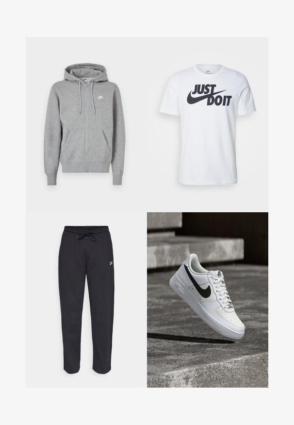 Grijze hoodie met ritssluiting, gemaakt van zachte stof. Voorzien van een capuchon met trekkoord, twee zakken aan de voorkant en een klein wit logo op de borst.; Witte katoenen t-shirt met een opvallend zwart "Just Do It" logo en de Nike swoosh. Klassiek crew neck ontwerp met korte mouwen.; Zwarte sweatpants van zacht stof met een elastische tailleband, trekkoord en een klein Nike-logo op de linker bovenbeen.; Witte Nike Air Force 1 sneaker met zwarte swoosh, veters gestrikt, zwevend in de lucht boven een gestructureerd betonnen oppervlak buiten.