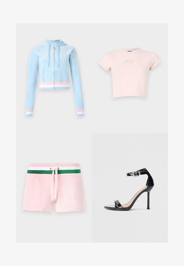 Gekürzter Zip-Hoodie aus hellblauem Velours, mit pastellrosa und weißen gestreiften Akzenten an den Bündchen und dem Saum, und Kapuze mit Kordelzug.; Gekürztes pinkes T-Shirt aus Baumwolle, mit kurzen Ärmeln und einem kleinen silbernen "Hug"-Schriftzug auf der Brust. Glatte Textur, runder Halsausschnitt.; Rosa Baumwollshorts mit einem grün-weißen gestreiften Bund, ausgestattet mit einem Kordelzug und silbernen Metallenden. Dezentes Logo auf der Seite gestickt.; Schwarzer Riemchensandale aus Lackleder mit hohem Absatz und Knöchelriemen. Verfügt über ein minimalistisches Design, offene Zehenpartie und eine Schnalle mit Strassakzenten.