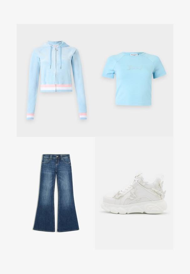 Gekürzter Zip-Hoodie aus hellblauem Velours, mit pastellrosa und weißen gestreiften Akzenten an den Bündchen und dem Saum, und Kapuze mit Kordelzug.; Hellblaues Crop-Top mit kurzen Ärmeln und rundem Ausschnitt, mit „Juicy“ in Strasssteinen zentriert auf der Brust.; Blaue Jeans aus Denim mit ausgestelltem Bein, vorderem Knopf- und Reißverschluss sowie Fünf-Taschen-Stil auf weißem Hintergrund.; Weißer klobiger Sneaker mit dicker Sohle und dekorativen 3D-Schmetterlingsakzenten an der Seite, den Schnürsenkeln und der Ferse.