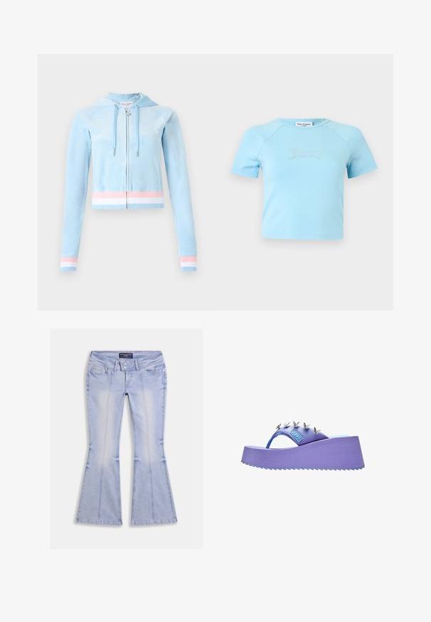 Korte gebreide hoodie in lichtblauwe velours, met pastelroze en witte streepdeteils op de mouwen en zoom, uitgerust met een trekkoord kap.; Lichtblauw crop top met korte mouwen en ronde halslijn, met "Juicy" in strass-steentjes op de borst gecentreerd.; Lichtblauwe uitlopende jeans met voor- en achterzakken, dubbele knoopsluiting en zichtbare naadstiksels over het hele kledingstuk.; Paarse platform-flipflop-sandaal met zilveren vlinderversieringen op het bandje en een gestructureerde zool.