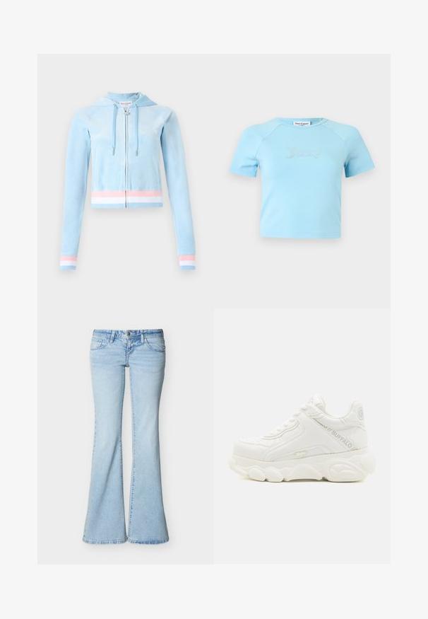 Gekürzter Zip-Hoodie aus hellblauem Velours, mit pastellrosa und weißen gestreiften Akzenten an den Bündchen und dem Saum, und Kapuze mit Kordelzug.; Hellblaues Crop-Top mit kurzen Ärmeln und rundem Ausschnitt, mit „Juicy“ in Strasssteinen zentriert auf der Brust.; Hellblaue Jeans aus Denim mit hoher Taille, Knopf- und Reißverschluss, vorderen und hinteren Taschen sowie ausgestellten, weiten Hosenbeinen.; Weißer klobiger Sneaker mit dicker Sohle, Schnürdesign und "Buffalo" Branding an der Seite und Ferse.