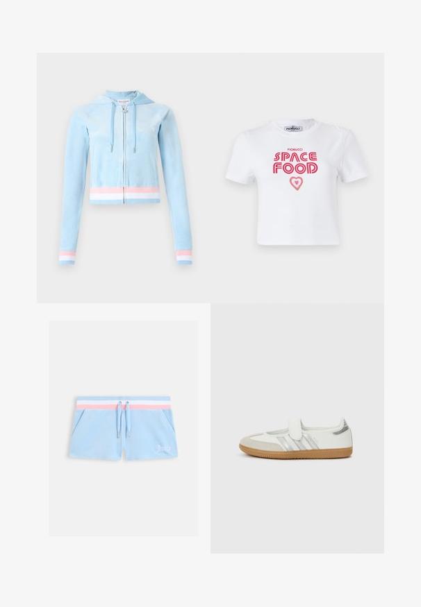 Gekürzter Zip-Hoodie aus hellblauem Velours, mit pastellrosa und weißen gestreiften Akzenten an den Bündchen und dem Saum, und Kapuze mit Kordelzug.; Weißes Baumwoll-T-Shirt mit rotem grafischem Text, der "SPACE FOOD" mit einem Herzakzent liest, kurze Ärmel und Rundhalsausschnitt.; Hellblaue Velours-Shorts mit einem rosa-weiß gestreiften Bund, Kordelzugverschluss und Seitentaschen. Mit weiß besticktem Schriftzug "Juicy".; Weißer Sneaker mit silbernen Streifen, Wildlederzehenkappe und Klettverschluss. Texturierte Gummisohle in Karamellfarbe. Minimalistisches Design mit glatter Oberfläche.