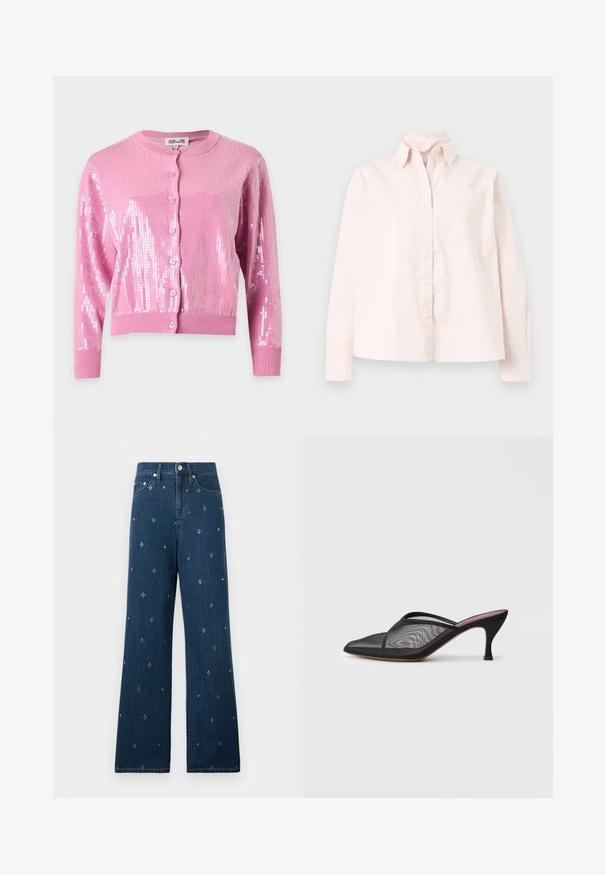 Cardigan rose à manches longues avec boutons, poignets et ourlet côtelés, décoré de sequins brillants sur les manches et le devant.; Chemise rose clair à manches longues avec boutons sur le devant, poche avant et col, affichée sur un fond neutre.; Jean bleu marine coupe large à taille haute, bouton argenté, poches avant, avec un motif discret de petits points sur tout le tissu.; Mule en mesh noir avec un bout pointu, de fines lanières et un talon stiletto de 3 pouces. Présente une texture transparente et une semelle tonale solide.
