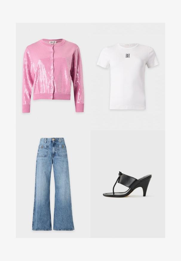 Cardigan rose à manches longues avec boutons, poignets et ourlet côtelés, décoré de sequins brillants sur les manches et le devant.; T-shirt blanc à manches courtes avec un petit logo noir brodé au centre de la poitrine et un col rond.; Jean en denim bleu taille haute à jambes larges, avec poches plaquées à l'avant, passants pour ceinture, fermeture par bouton et zip.; Sandale noire à talon haut avec une large bride avant et une boucle d'orteil dotée d'un détail de corde nouée, vue de profil sur fond blanc.