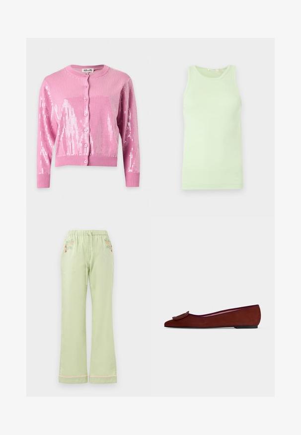Cardigan rose à manches longues avec boutons, poignets et ourlet côtelés, décoré de sequins brillants sur les manches et le devant.; Débardeur vert clair sans manches avec encolure ronde, tissu lisse et détail subtil du logo sur l'ourlet inférieur.; Pantalon vert clair, à coupe loose, avec une taille élastique et un cordon de serrage. Présente une broderie florale à l'avant et un détail d'ourlet rose.; Chaussure plate en daim marron pour femme avec bout pointu et grande boucle décorative sur le dessus sur fond uni.