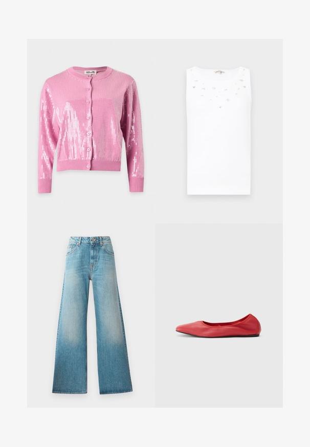 Cardigan rose à manches longues avec boutons, poignets et ourlet côtelés, décoré de sequins brillants sur les manches et le devant.; Top sans manches blanc avec un col rond, présentant des embellissements décoratifs dispersés et une texture de tissu lisse et léger.; Jean large en denim bleu clair avec taille haute, design à cinq poches et décoloration subtile le long des cuisses. Détails en métal couleur cuivre.; Filippa K REY FLATS - Ballerines - bright red