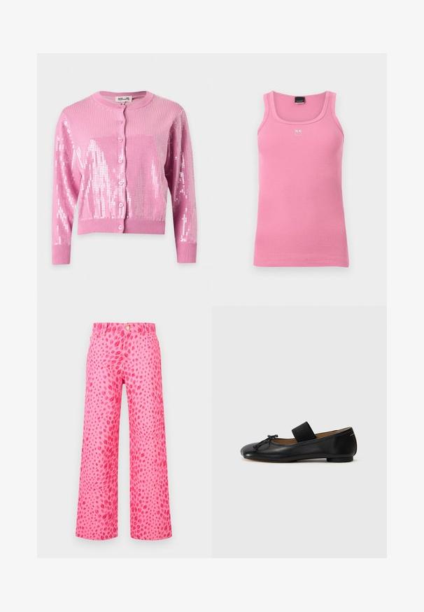 Cardigan rose à manches longues avec boutons, poignets et ourlet côtelés, décoré de sequins brillants sur les manches et le devant.; Débardeur rose côtelé sans manches avec un col carré et un petit logo brodé blanc au centre de la poitrine.; Pantalon large rose avec motif léopard rose foncé, bouton sur le devant et détails de poches sur fond blanc.; Ballerines en cuir noir avec un bout arrondi, un petit nœud décoratif et une lanière élastique sur le cou-de-pied pour un maintien sécurisé. Semelle plate.