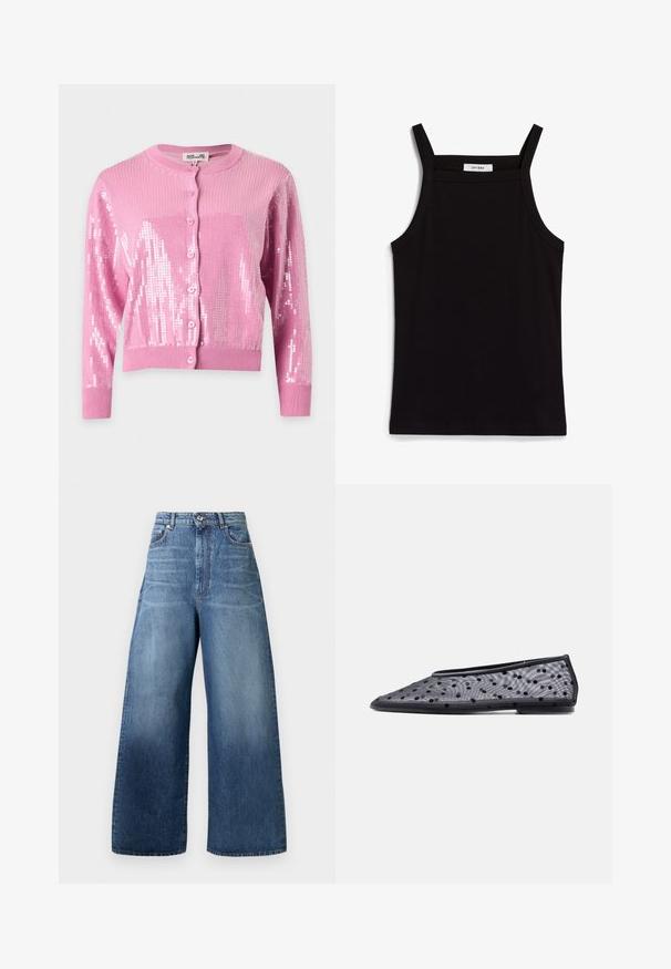 Cardigan rose à manches longues avec boutons, poignets et ourlet côtelés, décoré de sequins brillants sur les manches et le devant.; Débardeur noir à fines bretelles, en tissu côtelé, avec une coupe droite et une étiquette au niveau du col indiquant "IVY OAK."; Jean en denim bleu à jambes larges, taille haute, avec bouton et fermeture éclair à l'avant, et design classique à cinq poches.; Chaussure plate noire à bout pointu, en tissu transparent avec un motif à pois noirs sur un fond clair.