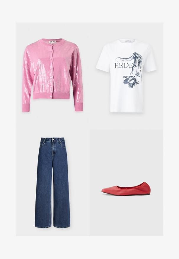 Cardigan rose à manches longues avec boutons, poignets et ourlet côtelés, décoré de sequins brillants sur les manches et le devant.; T-shirt blanc à manches courtes avec le texte "ERDEM" et une illustration florale noire détaillée partiellement couvrant les lettres à l'avant.; Jean en denim bleu taille haute à jambes larges avec fermeture à bouton et à glissière devant, passants de ceinture, poches latérales et arrière.; Filippa K REY FLATS - Ballerines - bright red