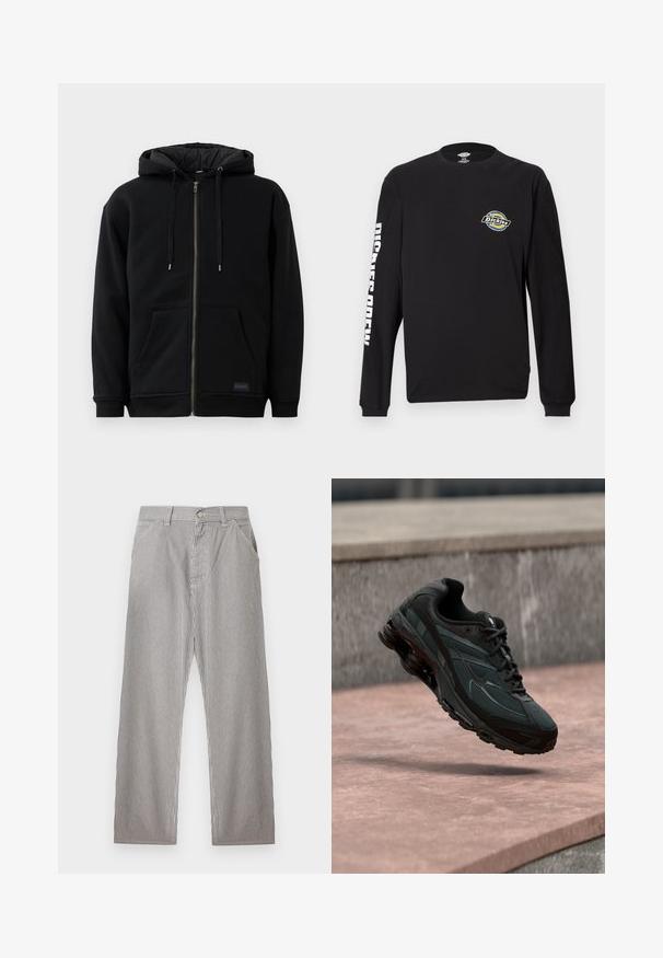 Zwarte fleece jack met ritssluiting, voorzien van een trekkoord kap, voorzakken en ribgebreide manchetten. De binnenkant heeft een gewatteerde textuur.; Zwart T-shirt met lange mouwen gemaakt van katoen. Voorzien van een circulair logo op de borst en de tekst "Dickies Crew" in het wit gedrukt op de mouw.; Herenbroek met verticale zwart-witte dunne strepen, vooraan sluiting met knopen, riemlussen en zijzakken.; Zwarte atletische sneaker met zichtbare luchtgeveerde tussenzool die boven een roze stenen oppervlak zweeft met een grijze stenen muur op de achtergrond.