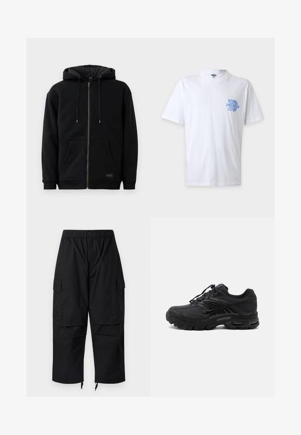 Sort lynlåshoodie lavet af fleece, med en snor i hætten, frontlommer og ribbede manchetter. Indersiden har en snorlignende tekstur.; Hvid T-shirt med korte ærmer med lille blåt Dickies-logo og tekst på venstre bryst, vist på en ensfarvet baggrund.; Sorte cargobukser med elastisk talje, flere lommer og lynlåse ved anklerne, med et afslappet, løstsiddende design.; Sort atletisk sneaker med tekstureret stof, tyk polstret sål, luftventiler og snørelukning, vist fra siden på en lys baggrund.