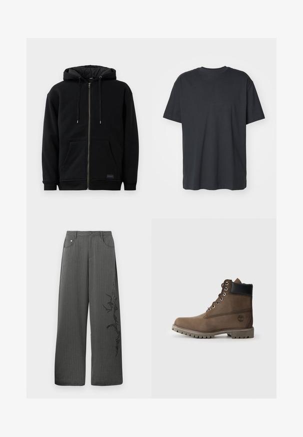 Sort lynlåshoodie lavet af fleece, med en snor i hætten, frontlommer og ribbede manchetter. Indersiden har en snorlignende tekstur.; Sort bomulds T-shirt med korte ærmer, rund halsudskæring, afslappet pasform og glat tekstur. Ingen synlige mønstre eller yderligere detaljer.; Bredbenede, mørkegrå stofbukser med striber, som har forlommer og et sort dekorativt print på venstre side.; Brune læder ankelstøvle med sort krave, metaløjer og slidstærk grå sål. Har logo på siden og syet detaljer.
