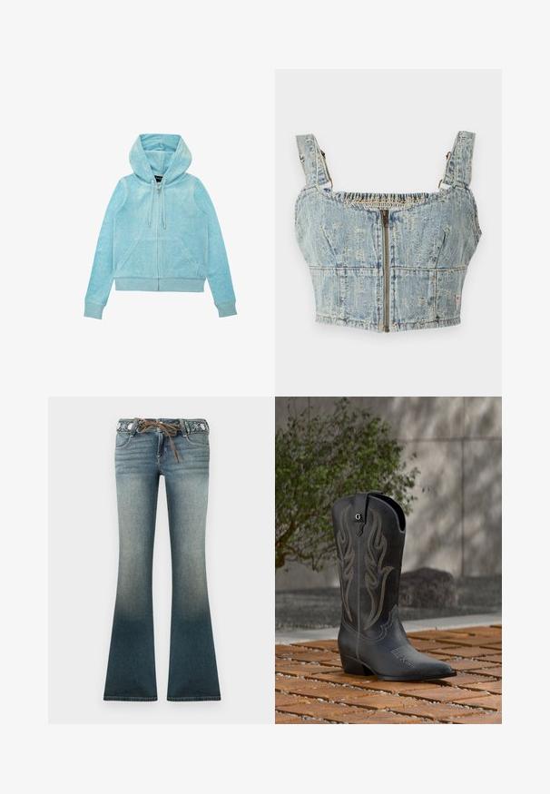 Lichtblauwe ritshoodie met een kangoeroezak, een trekkoordcapuchon en ribgebreide manchetten. Gemaakt van zacht, gestructureerd materiaal met een gladde afwerking.; Denim crop top met een lichtblauwe wassing, voorzien van een ritsluiting, gesmokte achterkant en brede bandjes. Kenmerken zijn stiksels en lichte slijtage.; Wijde spijkerbroeken in een verloop van licht naar donkerblauw, met een geborduurde tailleband en een bruine koordsluiting voor extra detail.; Zwarte cowboylaars met decoratieve stiksels, puntige neus en hak, staand op houten tegels met een groene struik en een betonnen muur op de achtergrond.