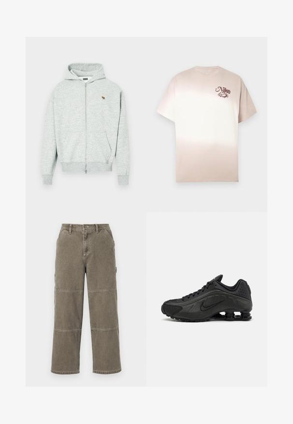 Haut à capuche gris zippé fabriqué en tissu doux, avec une fermeture éclair à l'avant et un petit logo d'animal brodé sur la poitrine. Comprend une capuche et des poches.; T-shirt Nike en dégradé de beige à crème, manches courtes, col rond, avec un petit logo marron sur la partie supérieure gauche de la poitrine. Matière en coton doux.; Pantalons cargo en coton de couleur olive discrète, avec des jambes larges, des accents à double couture et des poches latérales, dotés d'une fermeture à bouton et de passants de ceinture.; Baskets de course noires avec une tige en synthétique lisse, des accents perforés, des panneaux latéraux texturés et une semelle distincte et rebondissante.