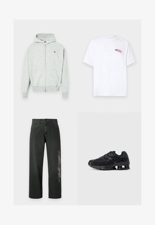 Haut à capuche gris zippé fabriqué en tissu doux, avec une fermeture éclair à l'avant et un petit logo d'animal brodé sur la poitrine. Comprend une capuche et des poches.; T-shirt blanc à manches courtes avec un petit logo ovale rose et bleu sur la poitrine gauche, sur un fond clair uni.; Jean denim noir à jambes larges avec un motif graphique latéral en gris clair. Style standard à cinq poches avec fermeture par bouton et passants pour ceinture.; Chaussure de sport noire avec une tige en mesh, un col rembourré et une technologie d'amorti proéminente au talon. Caractérisée par des accents texturés et des lacets.