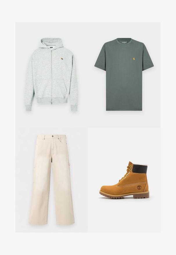 Haut à capuche gris zippé fabriqué en tissu doux, avec une fermeture éclair à l'avant et un petit logo d'animal brodé sur la poitrine. Comprend une capuche et des poches.; T-shirt en coton gris avec des manches courtes, col ras du cou et un petit logo jaune sur la poitrine gauche. Texture lisse, coupe classique.; Pantalon beige à jambes larges avec poches avant, fermeture par boutons et passants de ceinture, présenté sur un fond blanc uni.; Bottine en cuir brun avec œillets en métal, doublure en fourrure blanche, col rembourré noir, semelle robuste et logo en relief sur le côté.