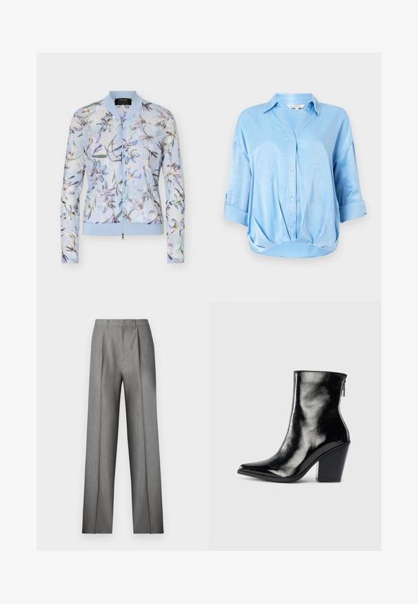 Blouson aviateur bleu clair à fermeture éclair, avec col et poignets côtelés, présentant un délicat motif floral multicolore sur un tissu transparent.; Blouse en satin bleu clair avec des manches trois-quarts repliées, fermeture à boutons sur le devant, col et ourlet froncé.; Pantalon gris sur mesure avec un devant plissé, une coupe droite et une texture subtile. Il présente une taille avec passants pour ceinture et aucune poche visible.; Bottines en cuir noir avec une finition brillante, bout pointu et talon trapèze. Dotées d'une fermeture éclair latérale pour un enfilage facile.