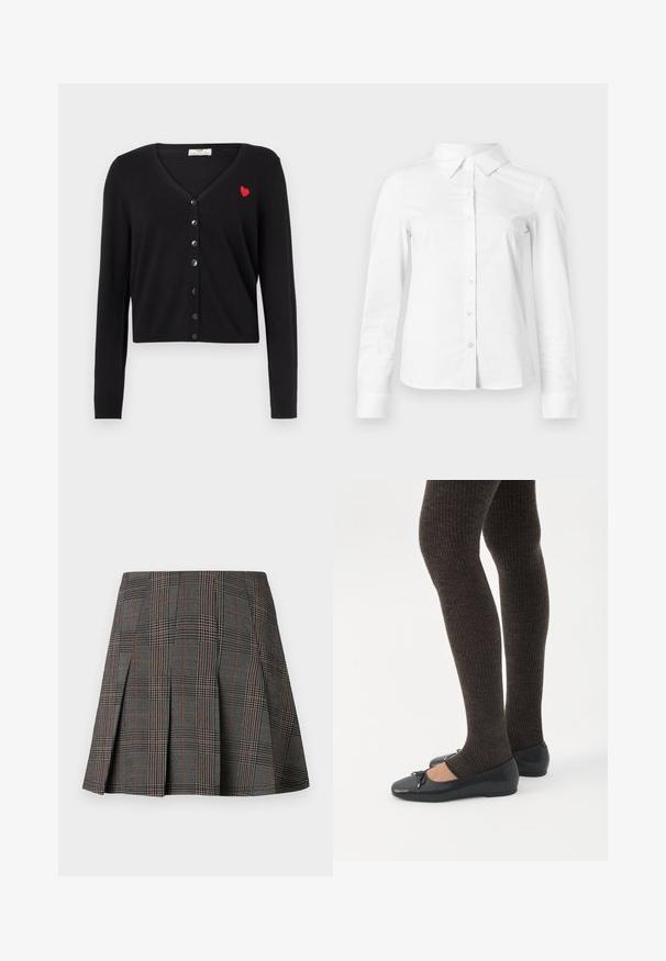 Μαύρο cardigan με V-λαιμόκοψη, μακριά μανίκια και κοντή σχεδίαση. Διαθέτει κόκκινη κεντητή καρδιά και κούμπωμα με μαύρα κουμπιά μπροστά.; Λευκό πουκάμισο με μακριά μανίκια κουμπιά, με μυτερό γιακά, ίσια τελείωμα και εφαρμοστή σιλουέτα, εμφανίζεται σε απλό φωτεινό φόντο.; Γκρι καρό φούστα με πιέτες, με περίπλοκα σχέδια σε μαύρο και άσπρο, που τονίζονται από λεπτές κόκκινες γραμμές. Κατασκευασμένη από δομημένο ύφασμα.; Πόδια με σκουρόχρωμα ριμπ κολάν συνδυασμένα με μαύρα μπαλαρίνα παπούτσια με μικρές λεπτομέρειες φιόγκων σε λευκό φόντο.