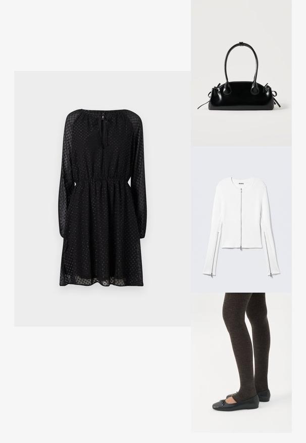 Veste en maille côtelée blanche avec col rond, coupe courte, et fermetures éclair argentées sur le devant et les côtés des manches longues.; Robe noire en tissu léger et transparent avec un motif à pois. Elle présente des manches longues, une taille élastique et une fermeture au cou avec un lien.; Jambes portant des leggings côtelés foncés associés à des ballerines noires avec de petits détails en nœud sur fond blanc.; Petit sac à main noir brillant avec deux longues anses et des détails à cordon sur les côtés sur un fond clair uni.