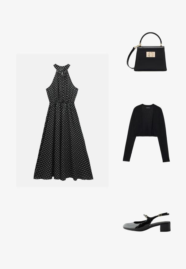 Sort cropped cardigan med lange ærmer, fremstillet af let strikket stof. Har åben frontdesign og rundede kanter.; Sort halterneck kjole med hvide prikker, tætsiddende talje og en svajet nederdel. Lavet af blødt stof med en glat overflade.; Sort slingback sko i laklæder med lav blokhæl og to guldlåse.; Sort læderhåndtaske med tophåndtag, aftagelig skulderrem og gyldent rektangulært spænde på den forreste klap.