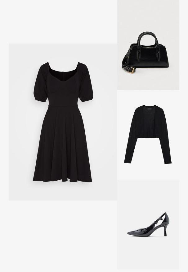 Zwarte gecropte cardigan met lange mouwen, gemaakt van lichtgewicht gebreid materiaal. Heeft een open voorkant en afgeronde randen.; WAL G. ALICIA MIDI SKATER - Jerseyjurk - black; Zwarte laklederen pump met hoge hak, spitse neus, enkellus versierd met een strik en een slanke stilettohak.; Zwarte leren handtas met dubbele handvatten en een afneembare schouderriem met gouden gesp, geplaatst tegen een effen witte achtergrond.