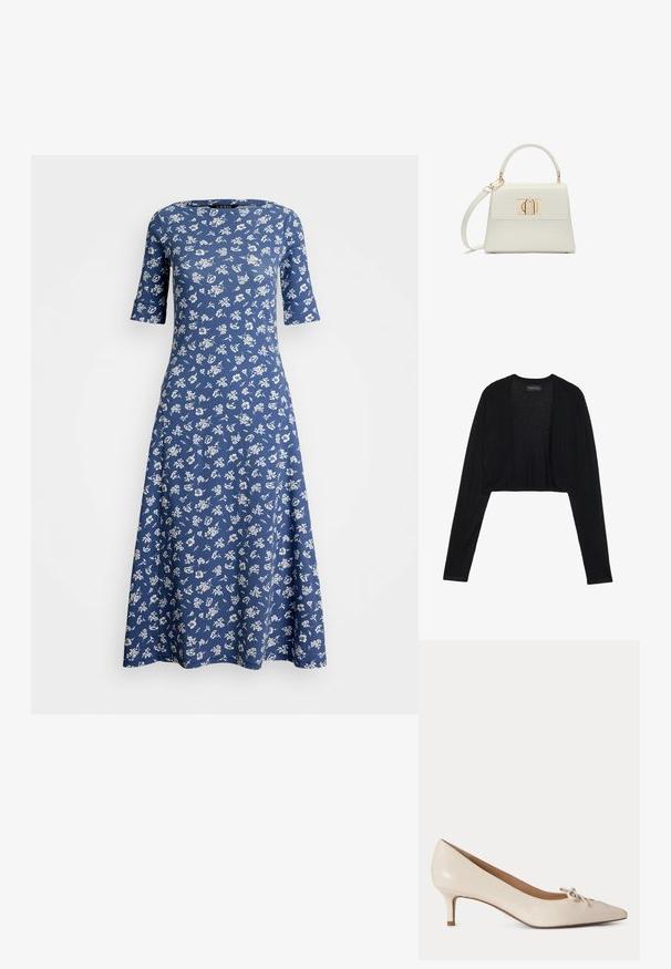 Sort cropped cardigan med lange ærmer, fremstillet af let strikket stof. Har åben frontdesign og rundede kanter.; Blå blomsterkjole lavet af blødt stof, med korte ærmer, en rund halsudskæring og en A-formet silhuet med hvide blomstermønstre.; Beige læder lavhælet pumpe med spids tå og lille dekorativ sløjfe foran, vist på hvid baggrund.; Lille hvid håndtaske med topgreb, aftagelig skulderrem og guld rektangulært spænde på frontklap.