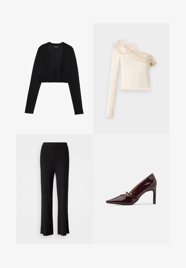 Sort cropped cardigan med lange ærmer, fremstillet af let strikket stof. Har åben frontdesign og rundede kanter.; Asymmetrisk cremefarvet top med én lang ærme, der har en gennemsigtig, flæsepyntet halsudskæring og glat, tætsiddende stof.; Sorte ribbede bukser med vidde, glat elastisk talje og flared kant. Stofstrukturen er blød og strækbar, hvilket giver komfort.; Patenteret bordeaux højhælet sko med spidse tæer, ankelrem med guldhardware og en slank, poleret finish. Hævet stilettohæl.