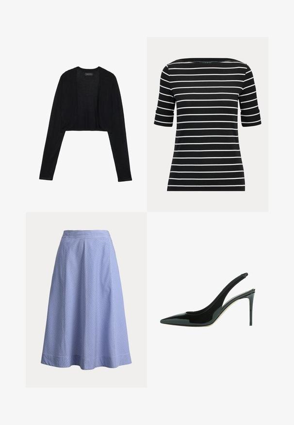 Sort cropped cardigan med lange ærmer, fremstillet af let strikket stof. Har åben frontdesign og rundede kanter.; Sort kortærmet top med hvide horisontale striber og bådhals, vist på en ensartet lys baggrund.; Blå og hvidstribet knælængde nederdel med diagonalt mønster og en tætsiddende talje på hvid baggrund.; Sorte patenteret læder slingback pumpe, spids tå, høj stilettohæl, glat tekstur, minimalistisk design, åbne sideskæringer.